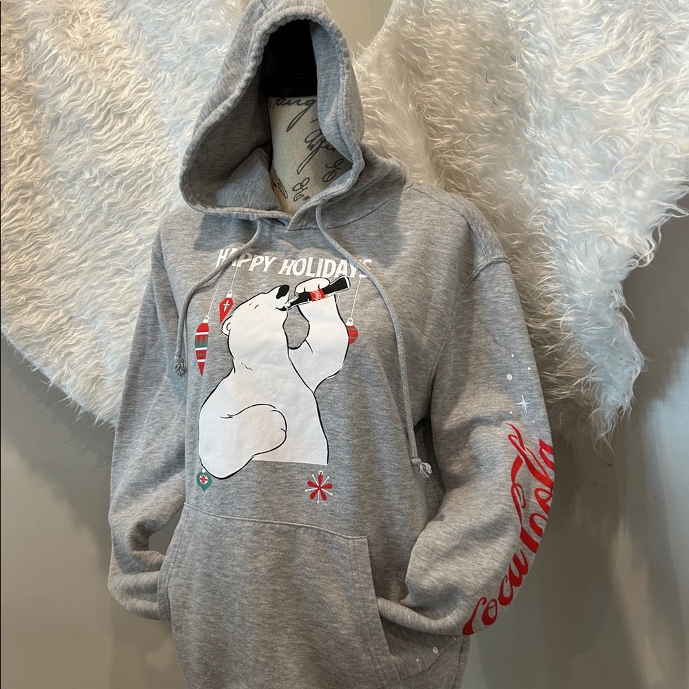 VTG Coca-Cola Sweatshirt Polar Bear Hoodie Mens Gray Christmas Happy Holidays - Picture 3 of 12